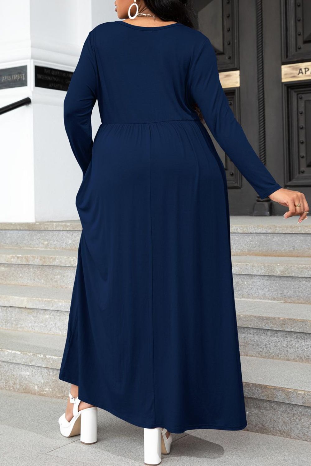 Plus Size Round Neck Long Sleeve Maxi Dress with Pockets - Guy Christopher