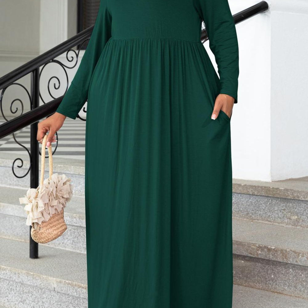 Plus Size Round Neck Long Sleeve Maxi Dress with Pockets - Guy Christopher