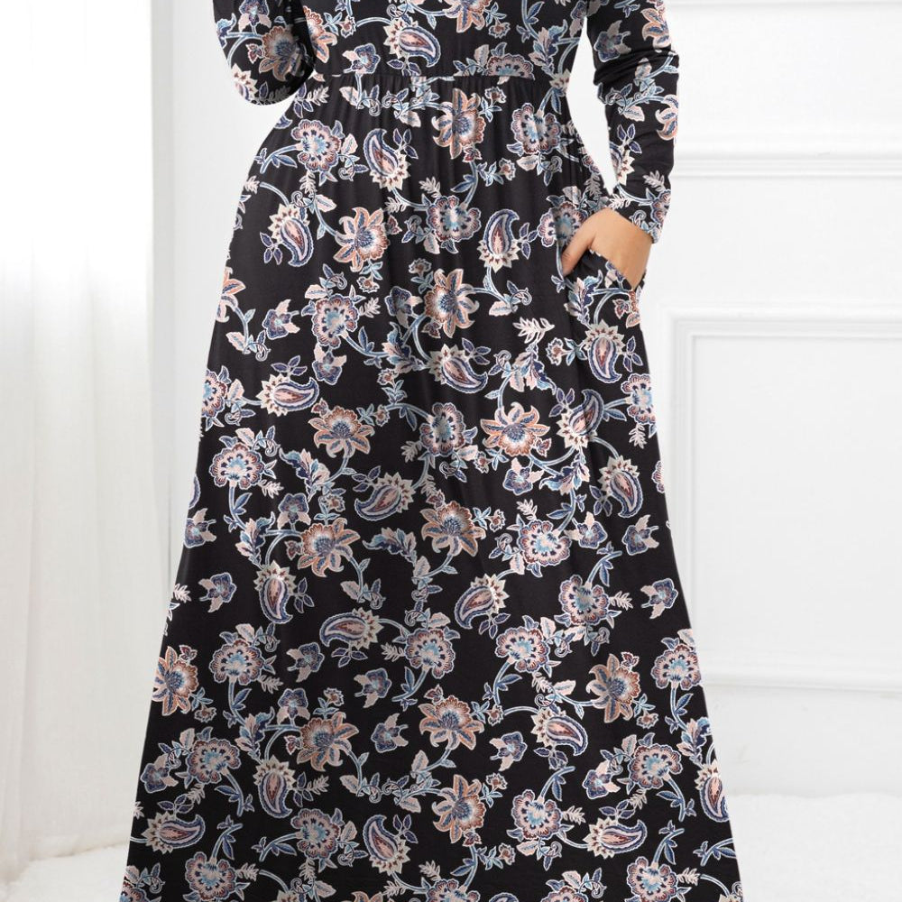 Plus Size Round Neck Long Sleeve Maxi Dress with Pockets - Guy Christopher