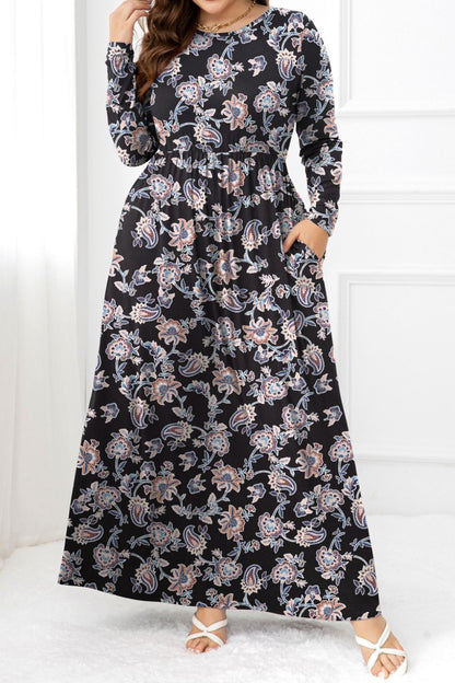 Plus Size Round Neck Long Sleeve Maxi Dress with Pockets - Guy Christopher