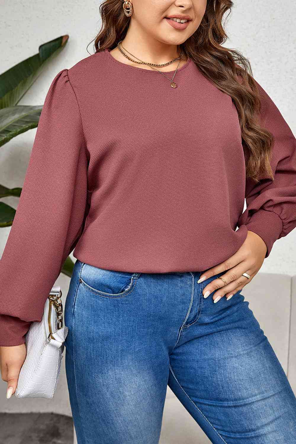 Plus Size Round Neck Puff Sleeve Top - Guy Christopher