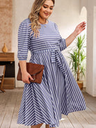 Plus Size Round Neck Striped Tie Waist Dress - Guy Christopher