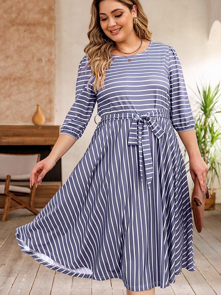 Plus Size Round Neck Striped Tie Waist Dress - Guy Christopher