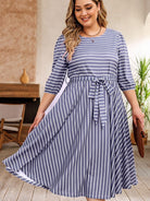 Plus Size Round Neck Striped Tie Waist Dress - Guy Christopher