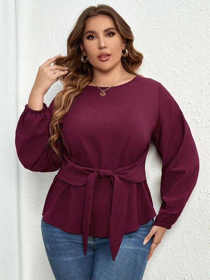 Plus Size Round Neck Tie Waist Long Sleeve Blouse - Guy Christopher