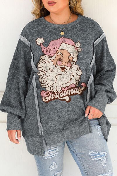 Plus Size Santa Graphic Exposed Seam Long Sleeve Sweatshirt - Guy Christopher