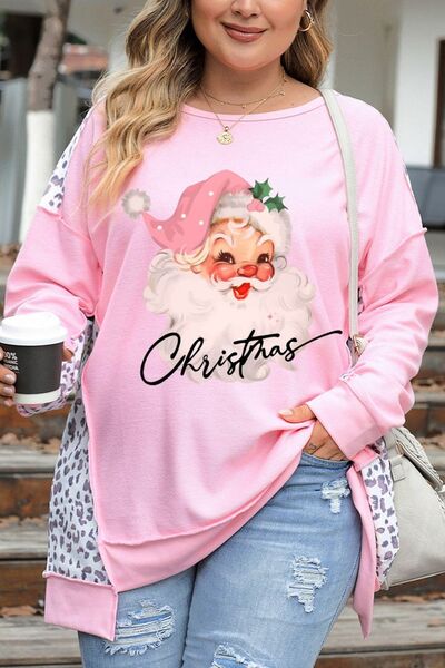 Plus Size Santa Leopard Dropped Shoulder Sweatshirt - Guy Christopher