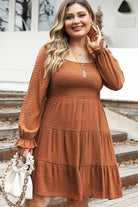 Plus Size Smocked Square Neck Tiered Dress - Guy Christopher