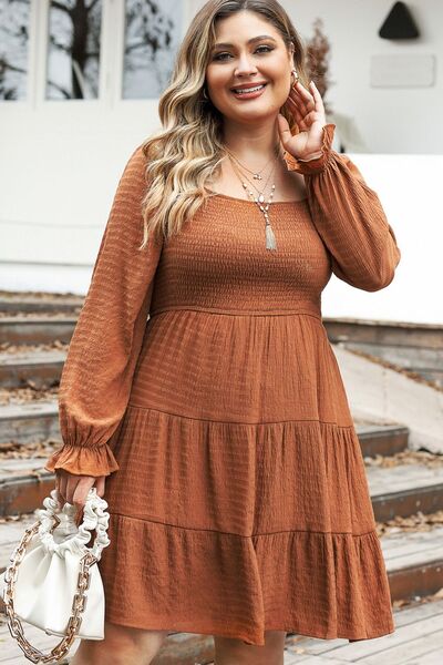 Plus Size Smocked Square Neck Tiered Dress - Guy Christopher