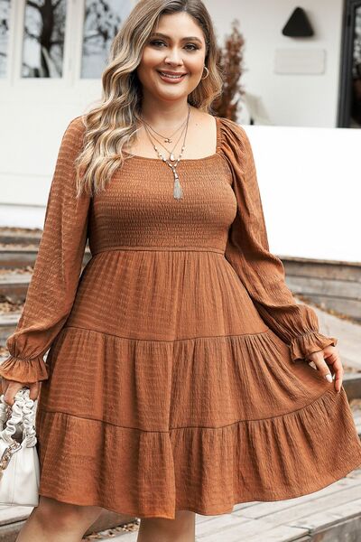 Plus Size Smocked Square Neck Tiered Dress - Guy Christopher