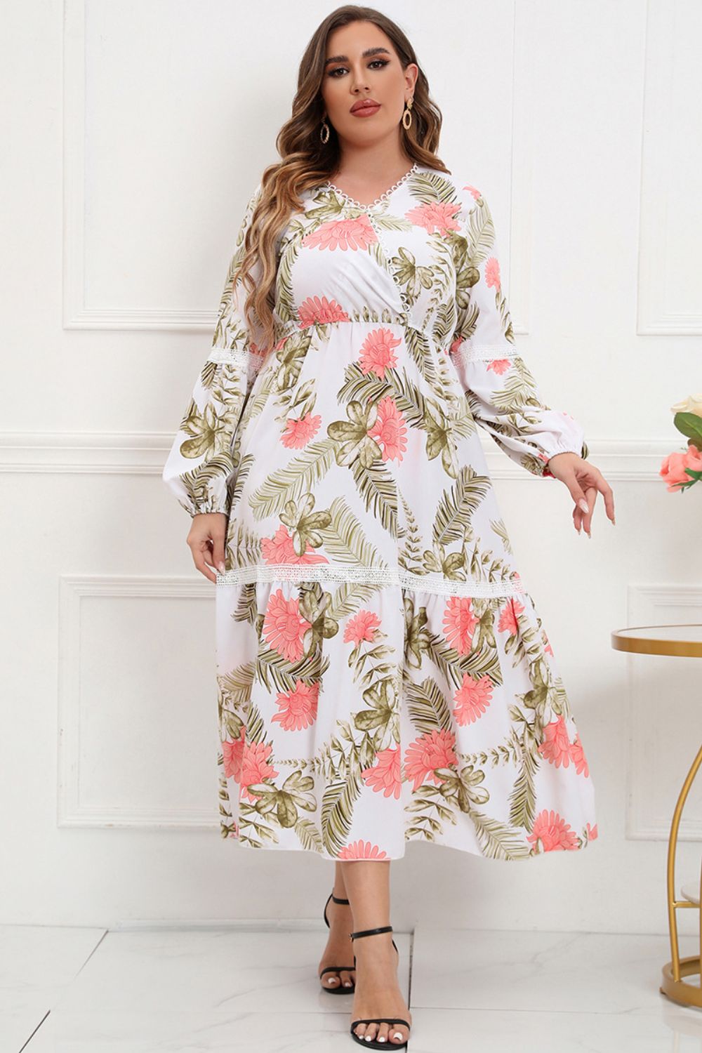 Plus Size Spliced Lace Surplice Balloon Sleeve Maxi Dress - Guy Christopher