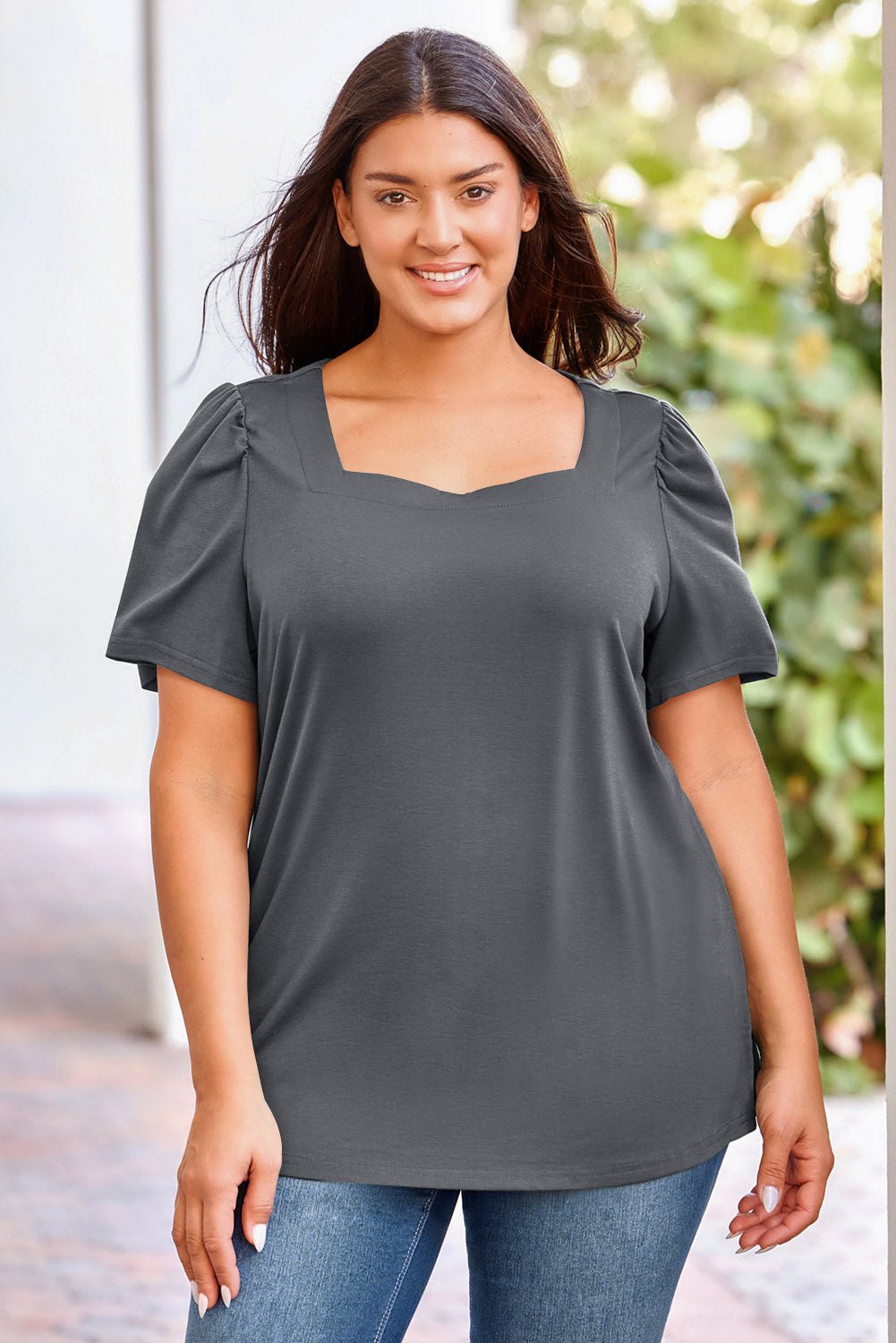 Plus Size Square Neck Puff Sleeve Tee - Guy Christopher