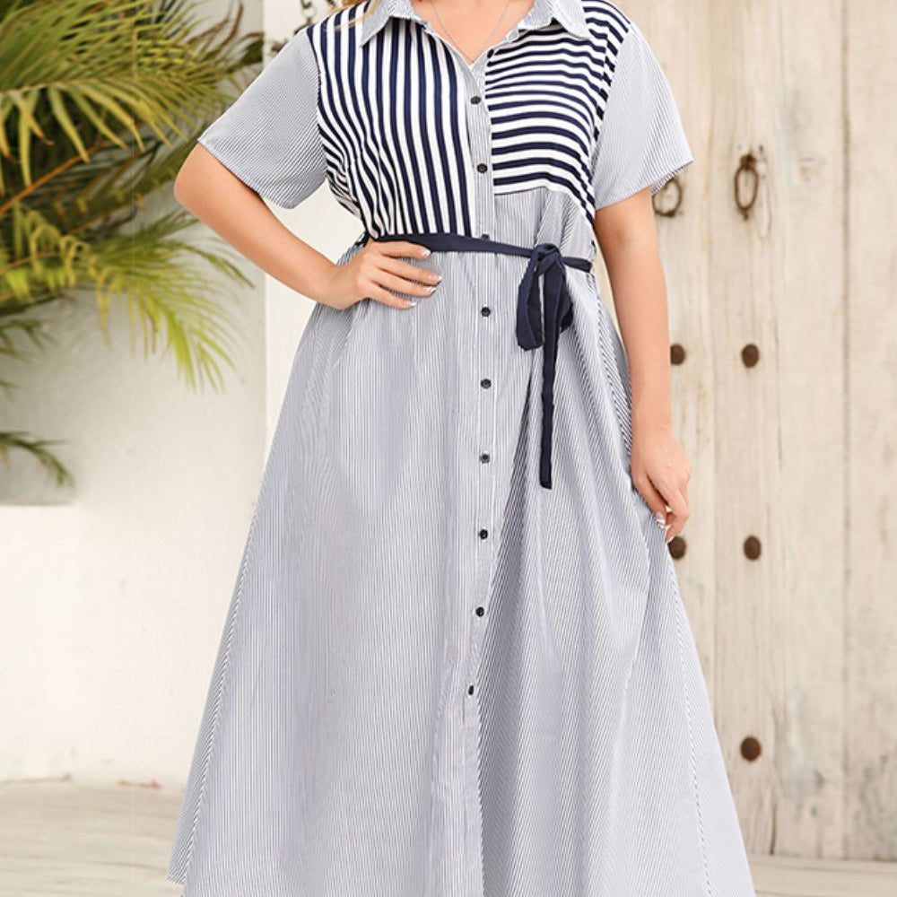 Plus Size Striped Belted Button-Up Shirt Dress - Guy Christopher