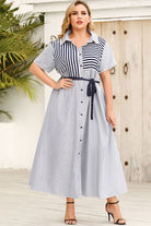 Plus Size Striped Belted Button-Up Shirt Dress - Guy Christopher