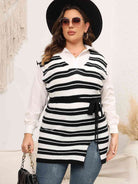 Plus Size Striped Colared Neck Tied Front Sweater Vest - Guy Christopher