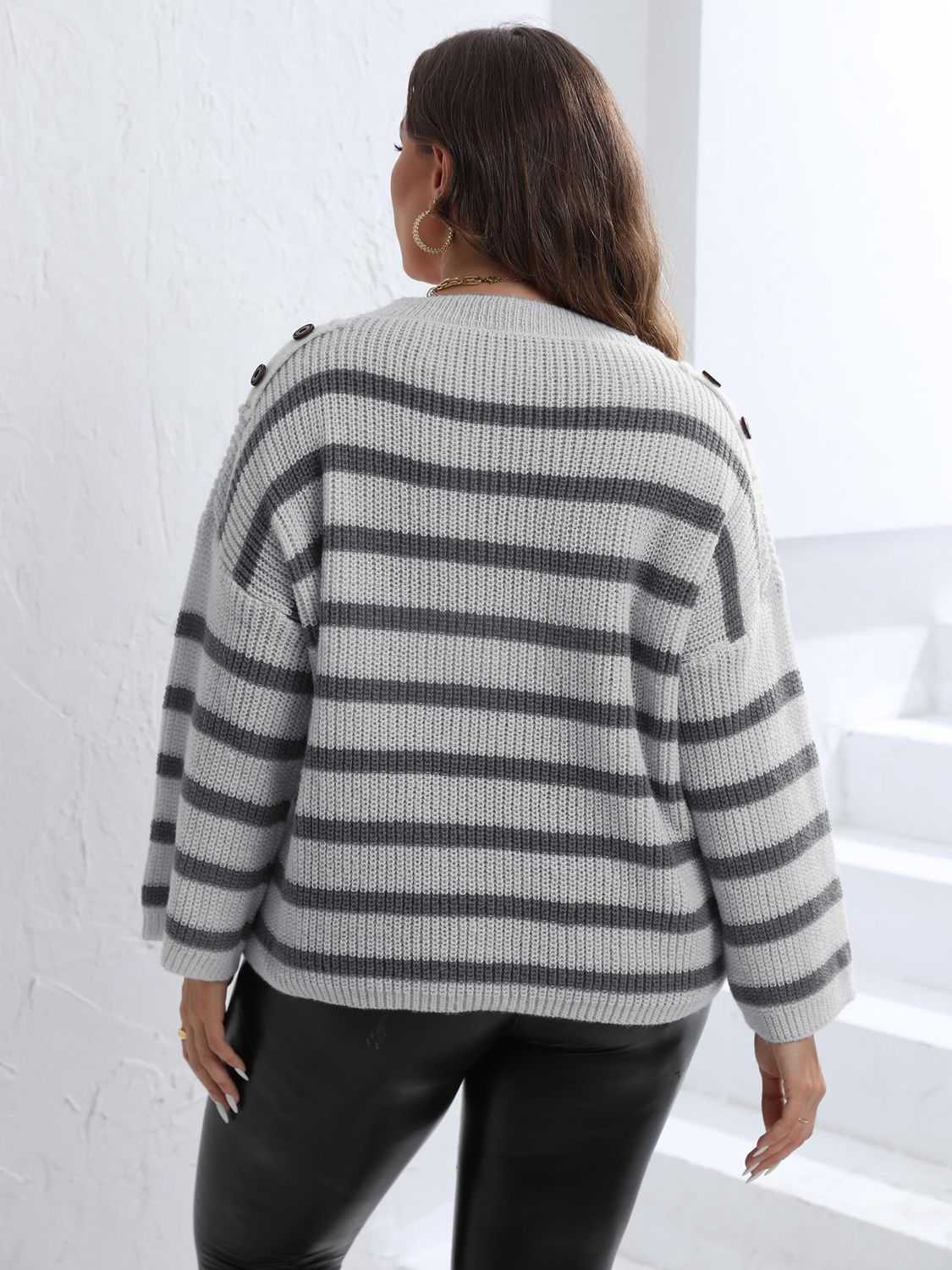 Plus Size Striped Dropped Shoulder Sweater - Guy Christopher