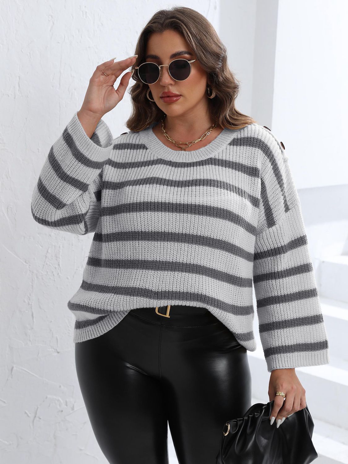 Plus Size Striped Dropped Shoulder Sweater - Guy Christopher