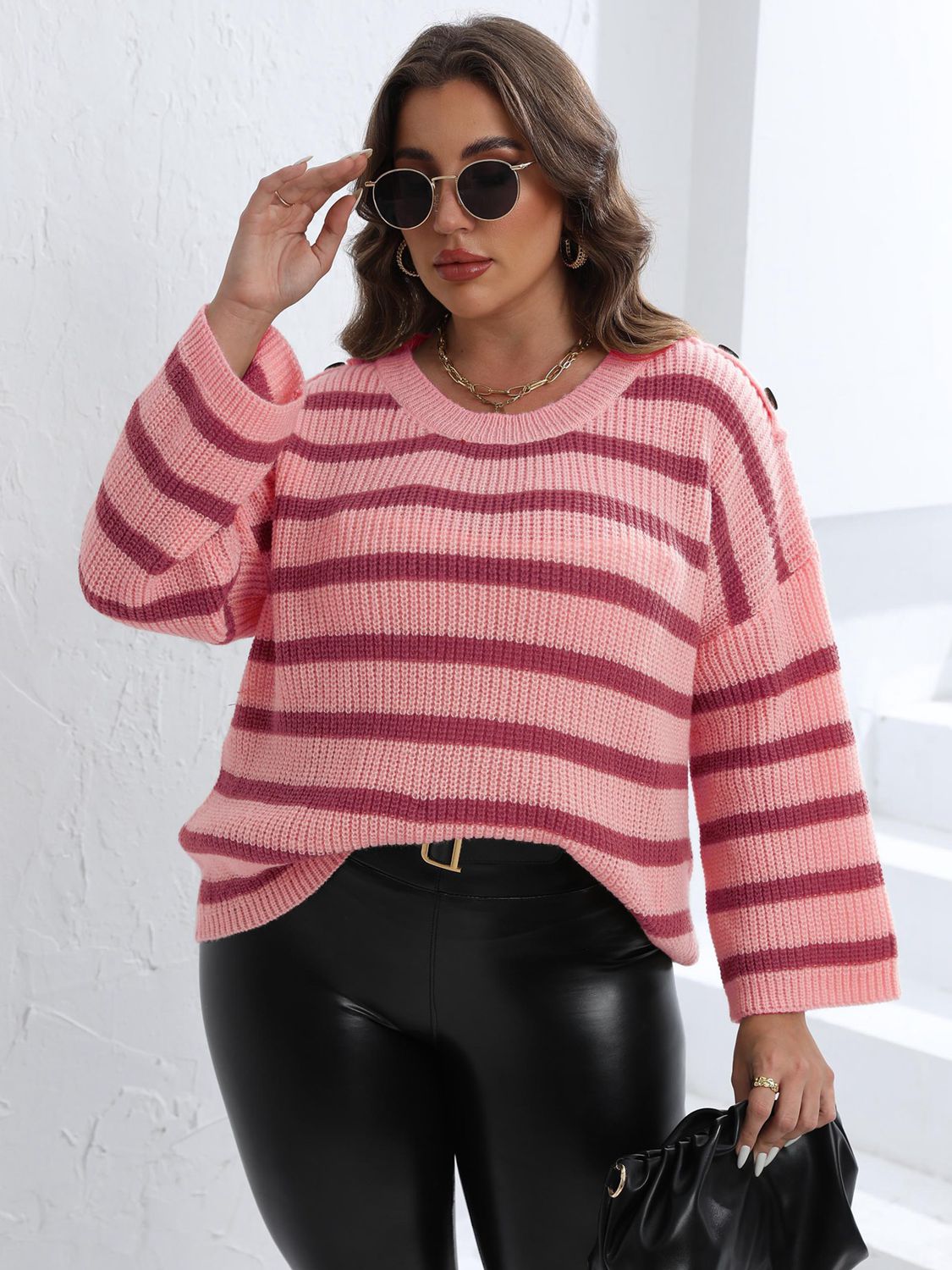 Plus Size Striped Dropped Shoulder Sweater - Guy Christopher