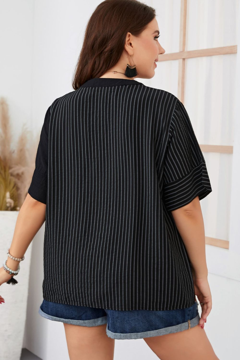 Plus Size Striped Notched Neck Half Sleeve Top - Guy Christopher
