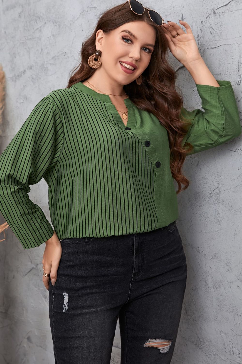 Plus Size Striped Notched Neck Top - Guy Christopher
