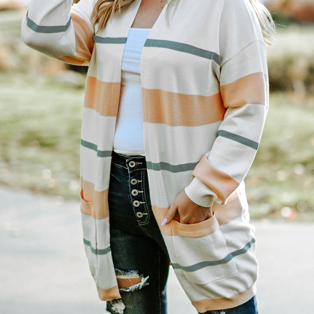 Plus Size Striped Open Front Cardigan - Guy Christopher