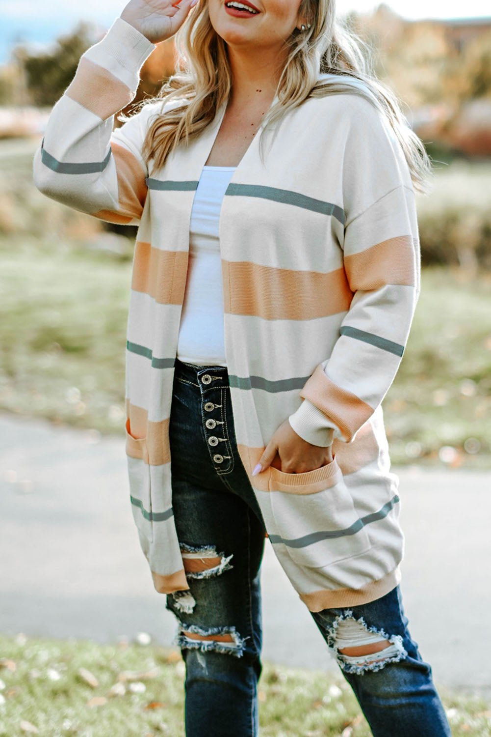 Plus Size Striped Open Front Cardigan - Guy Christopher