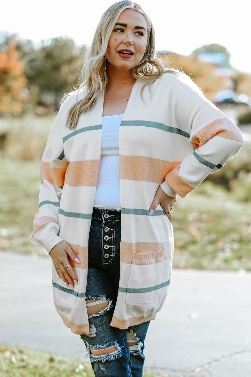 Plus Size Striped Open Front Cardigan - Guy Christopher