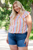 Plus Size Striped Round Neck Flutter Sleeve Blouse - Guy Christopher