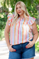 Plus Size Striped Round Neck Flutter Sleeve Blouse - Guy Christopher