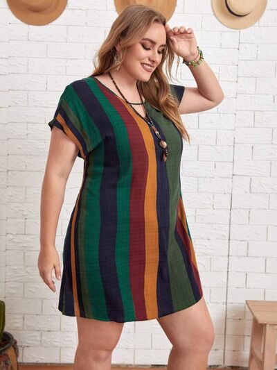 Plus Size Striped Short Sleeve Mini Dress - Guy Christopher