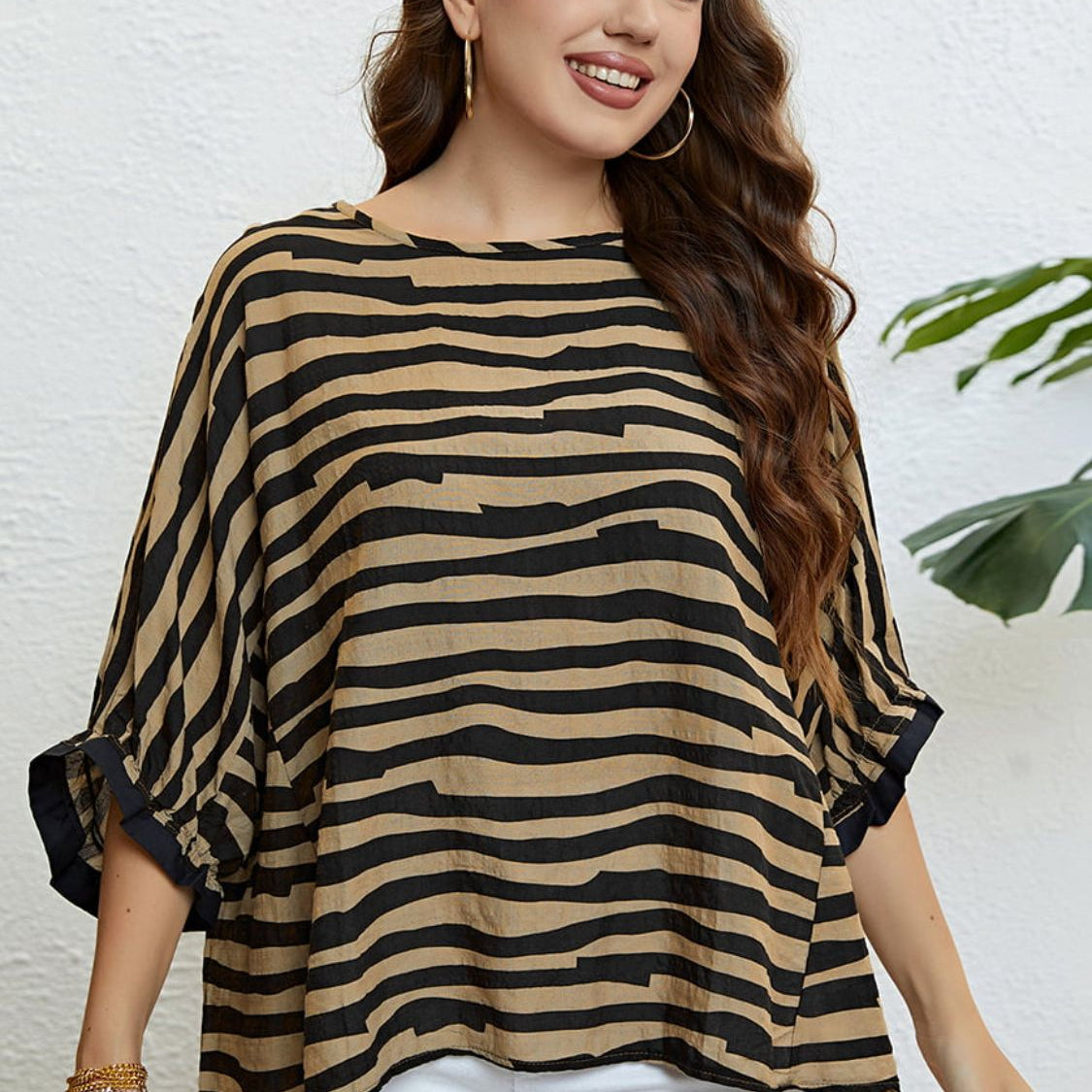 Plus Size Striped Three-Quarter Sleeve Boat Neck Top - Guy Christopher