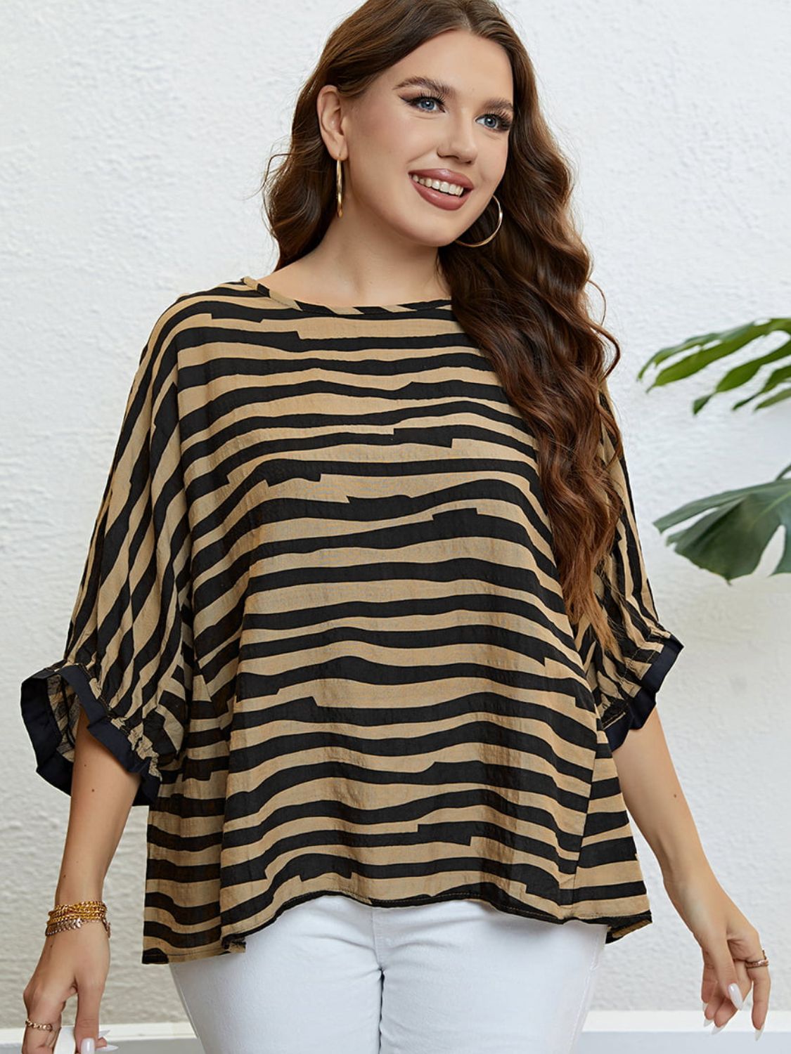 Plus Size Striped Three-Quarter Sleeve Boat Neck Top - Guy Christopher