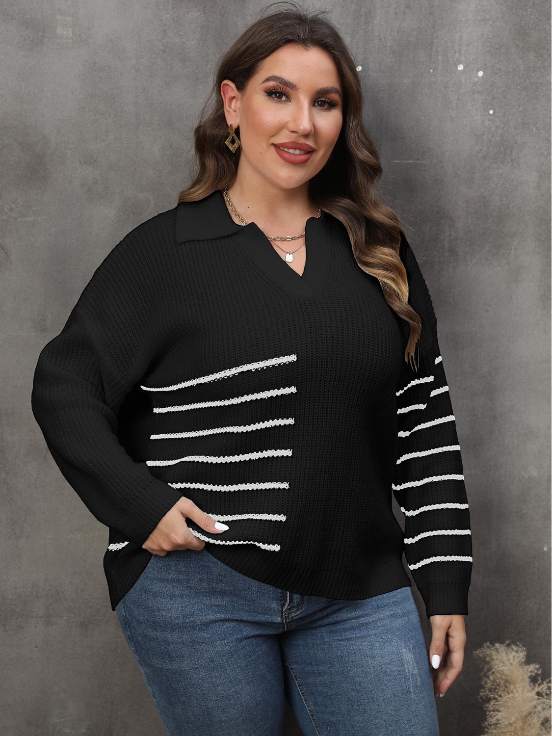 Plus Size Striped V-Neck Sweater - Guy Christopher