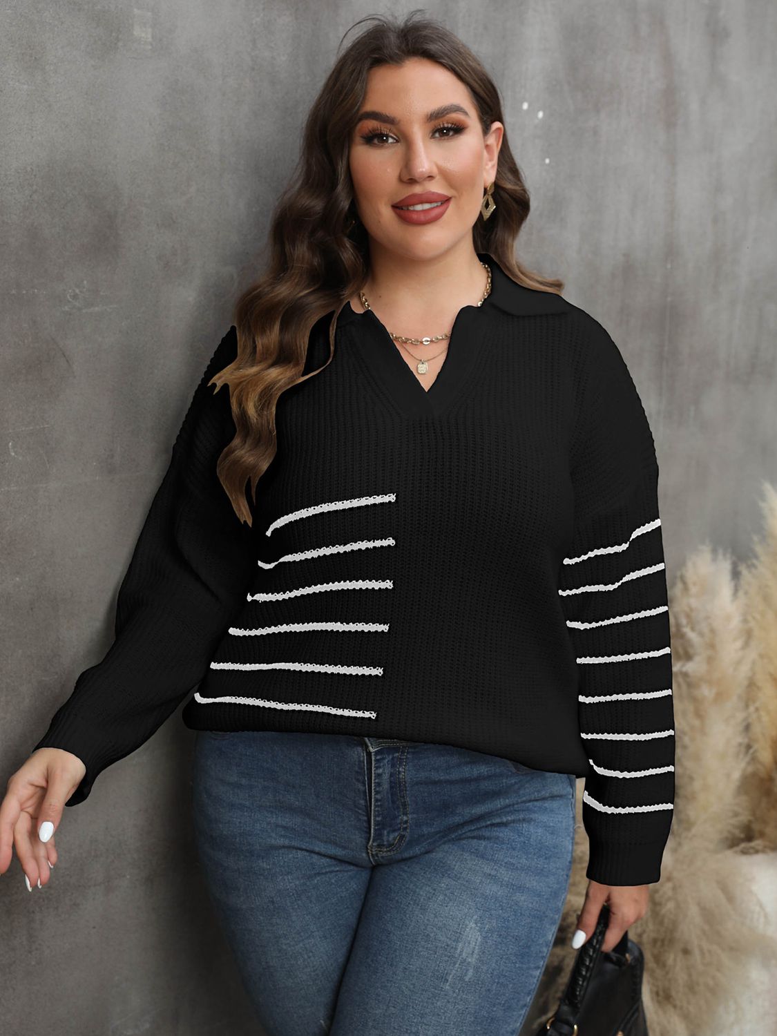 Plus Size Striped V-Neck Sweater - Guy Christopher