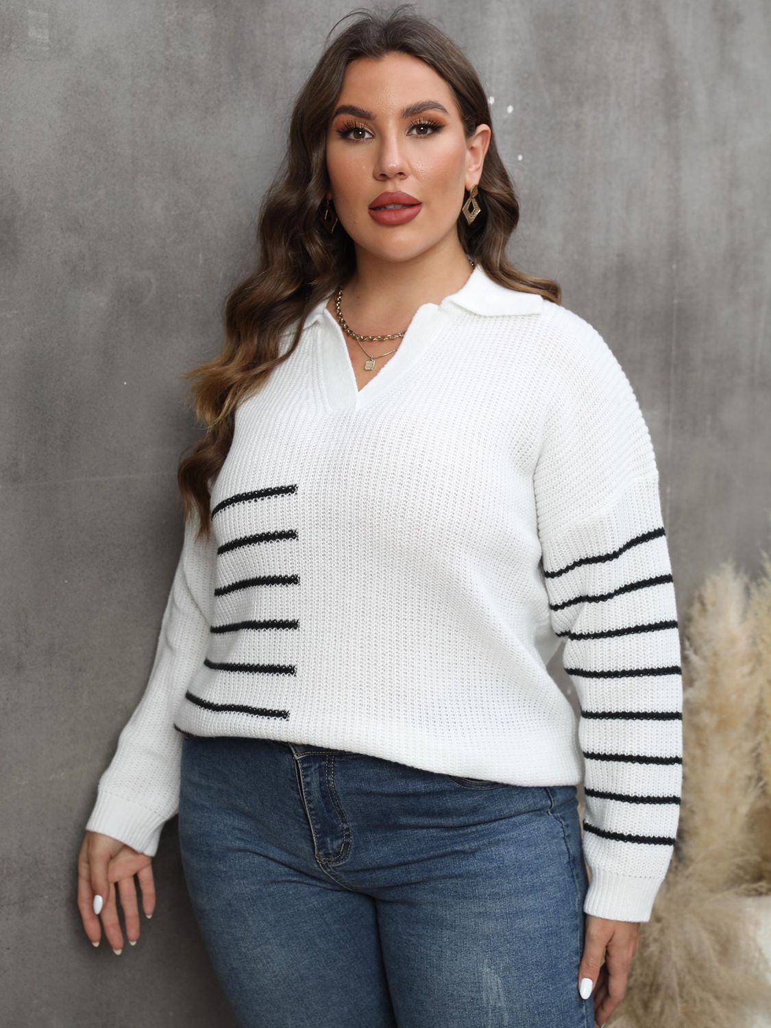 Plus Size Striped V-Neck Sweater - Guy Christopher