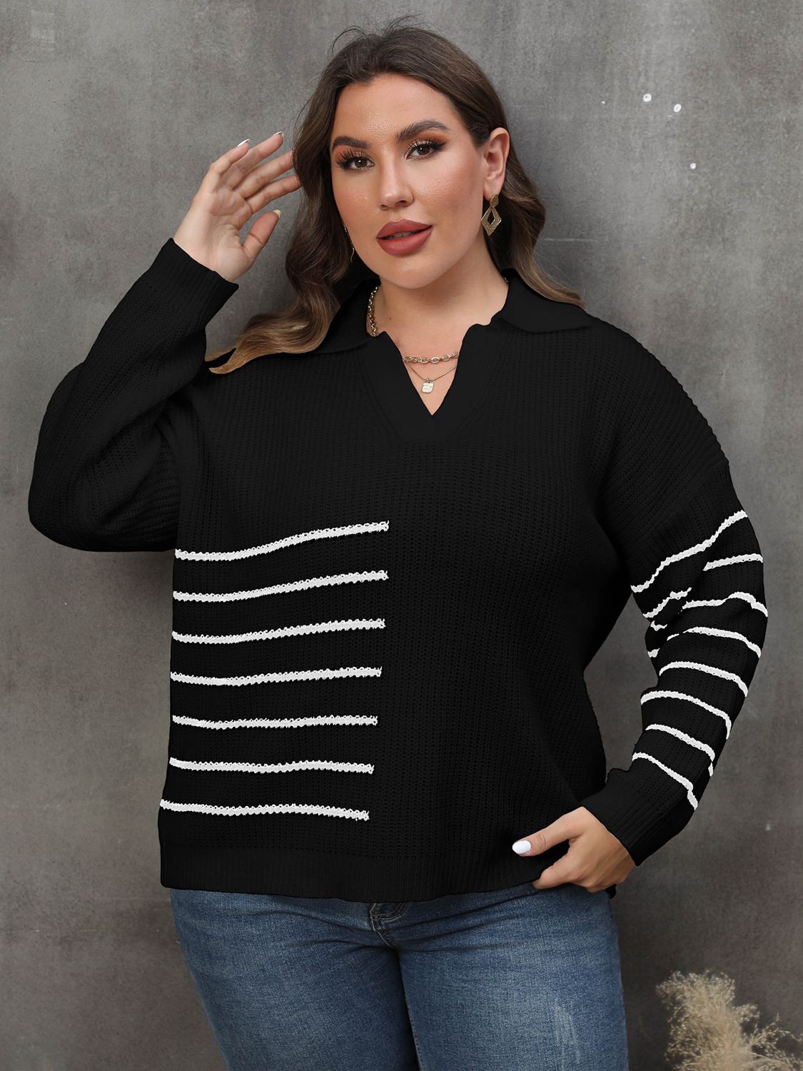 Plus Size Striped V-Neck Sweater - Guy Christopher