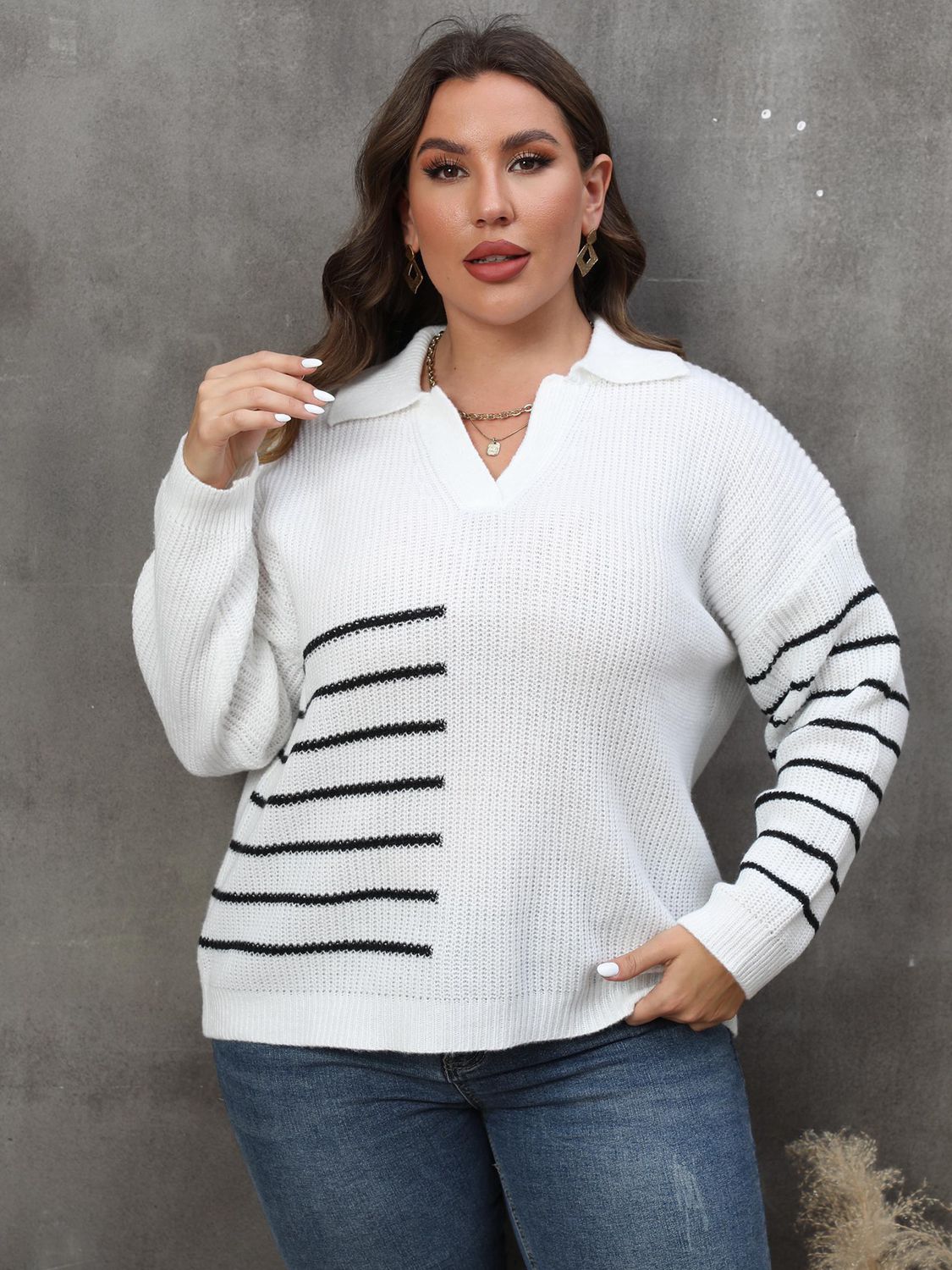 Plus Size Striped V-Neck Sweater - Guy Christopher