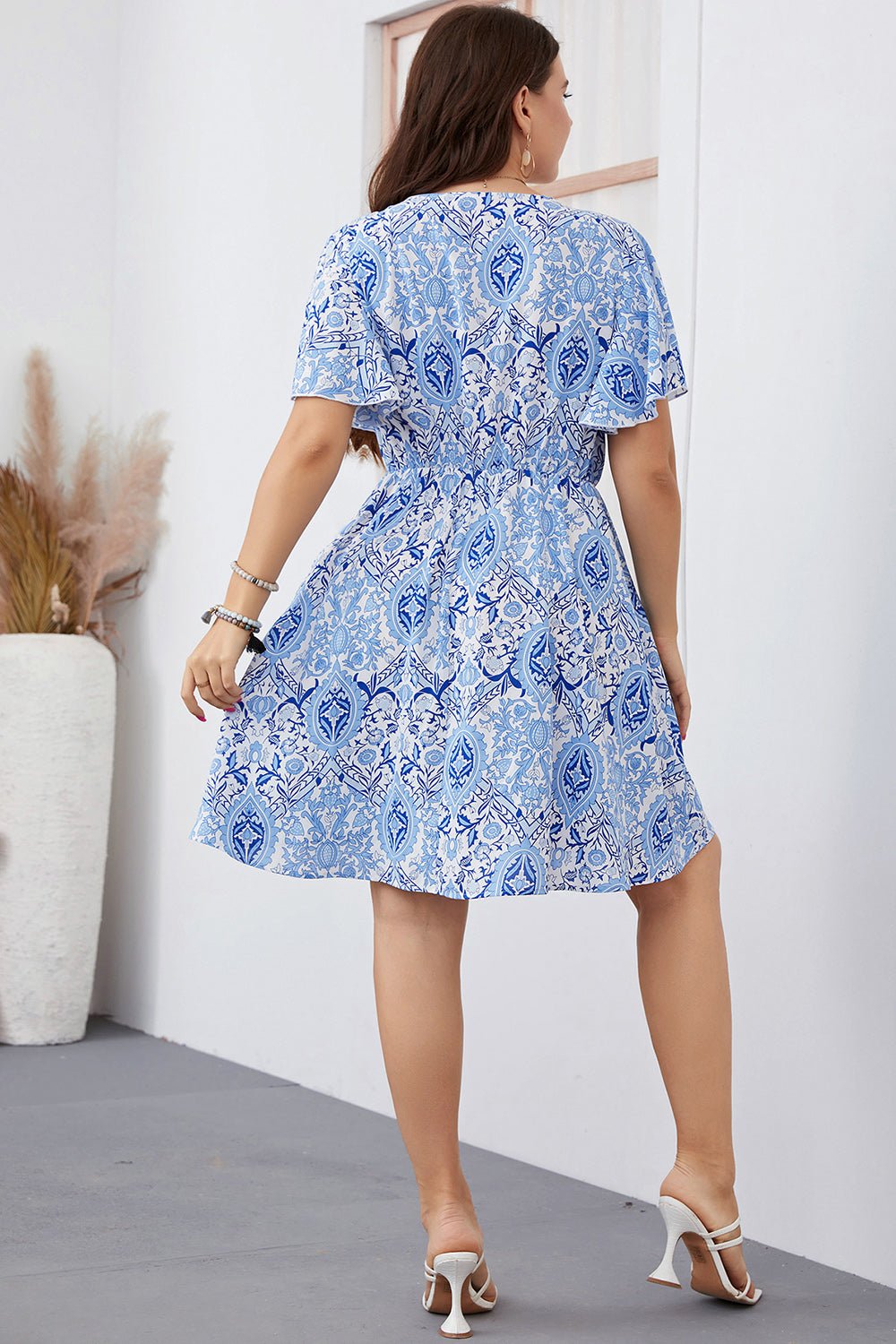 Plus Size Surplice Neck Flutter Sleeve Dress - Guy Christopher