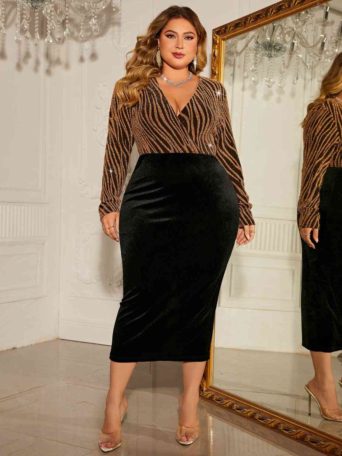 Plus Size Surplice Neck Long Sleeve Slit Dress - Guy Christopher