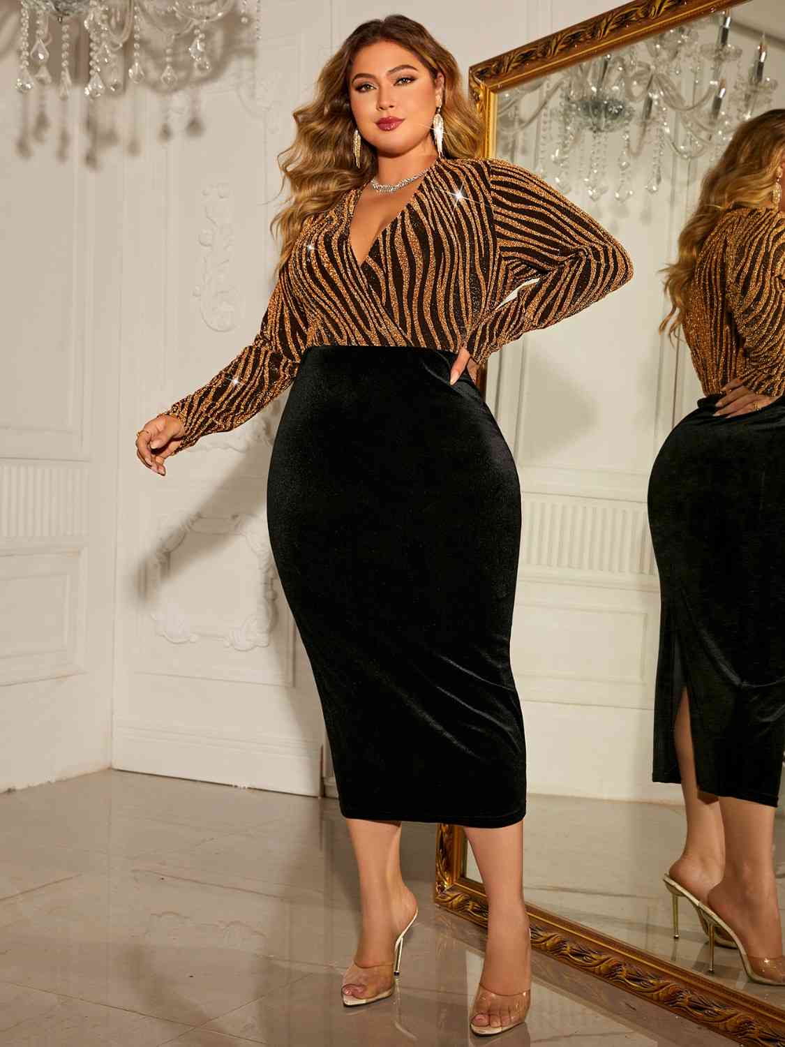 Plus Size Surplice Neck Long Sleeve Slit Dress - Guy Christopher