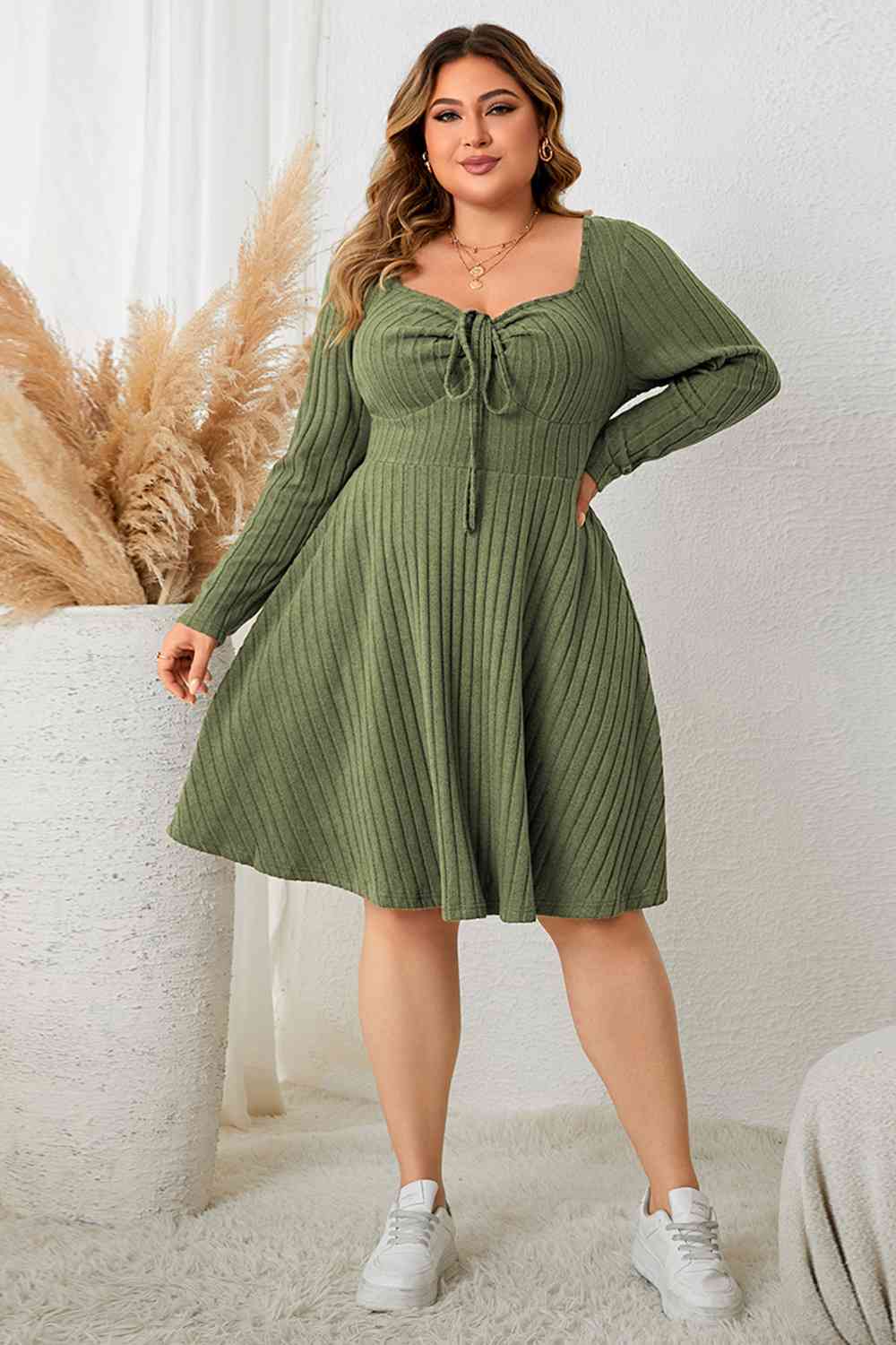 Plus Size Sweetheart Neck Long Sleeve Ribbed Dress - Guy Christopher