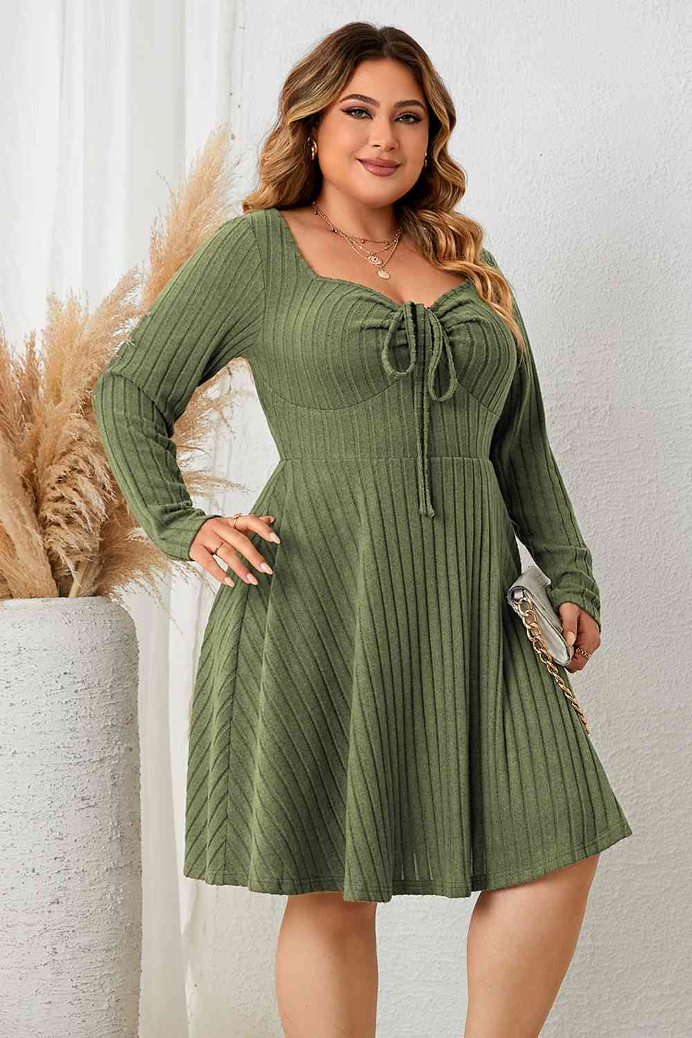 Plus Size Sweetheart Neck Long Sleeve Ribbed Dress - Guy Christopher