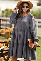Plus Size Textured Balloon Sleeve Tiered Dress - Guy Christopher