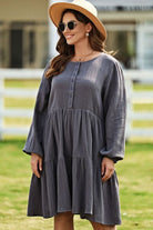 Plus Size Textured Balloon Sleeve Tiered Dress - Guy Christopher
