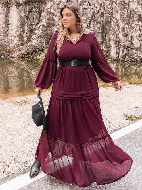 Plus Size Tie Neck Ballon Sleeve Tiered Dress - Guy Christopher