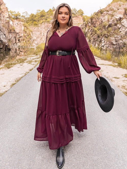 Plus Size Tie Neck Ballon Sleeve Tiered Dress - Guy Christopher