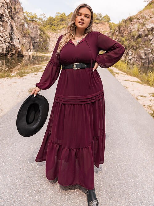 Plus Size Tie Neck Ballon Sleeve Tiered Dress - Guy Christopher