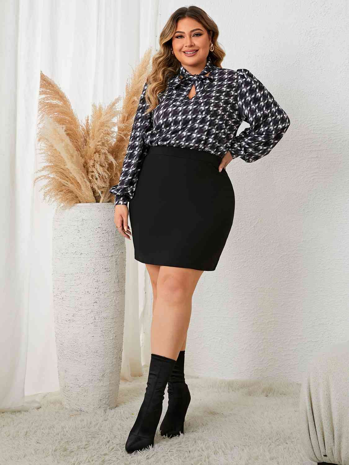 Plus Size Tie Neck Long Sleeve Mini Dress - Guy Christopher