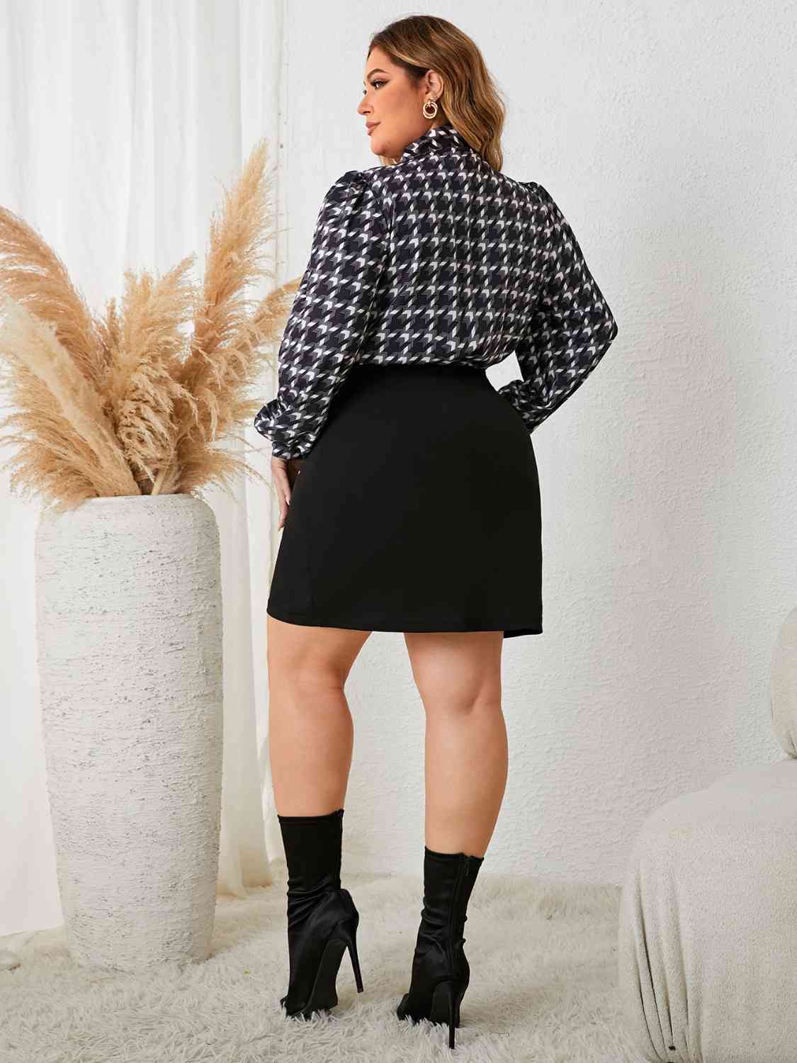 Plus Size Tie Neck Long Sleeve Mini Dress - Guy Christopher