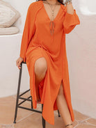 Plus Size Tie Neck Long Sleeve Slit Dress - Guy Christopher